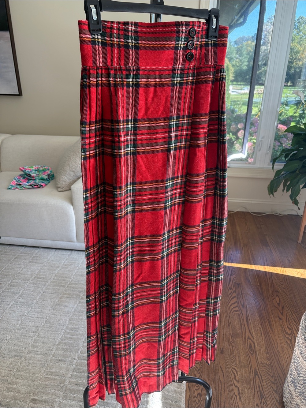 Anne Klein Red Tartan Maxi Skirt with Button Waist